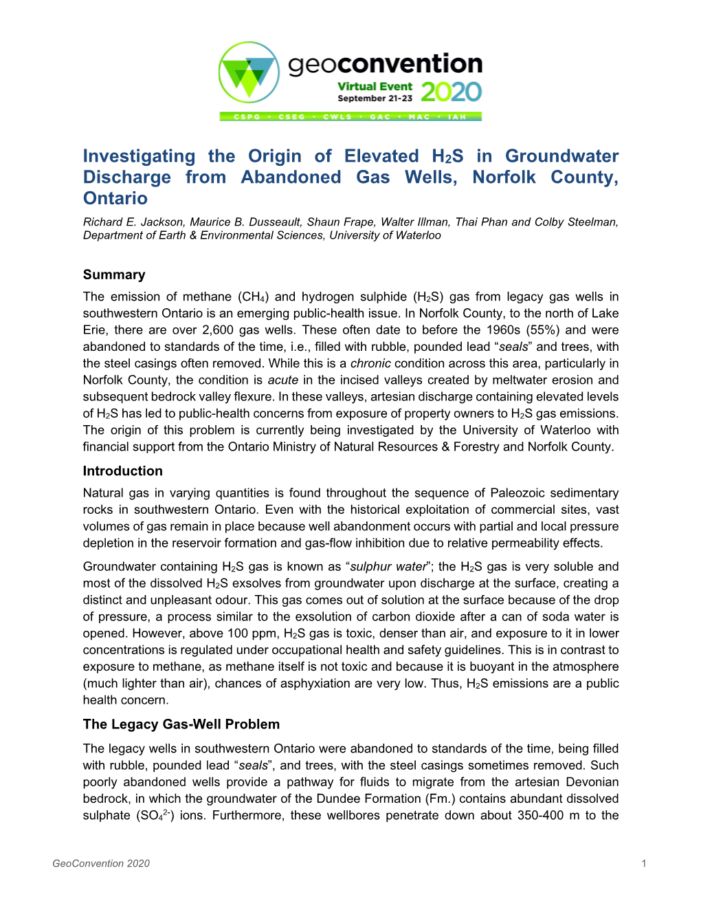 Investigating the Origin of Elevated H2S in Groundwater Discharge from Abandoned Gas Wells, Norfolk County, Ontario Richard E