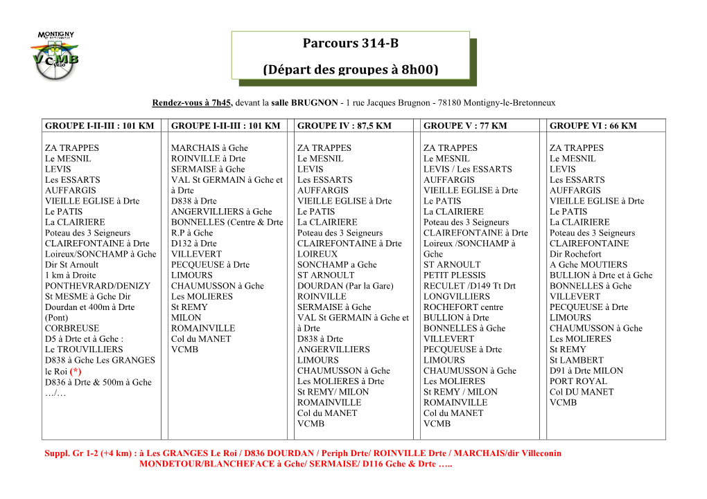 Parcours 314-B (Départ Des Groupes À 8H00)