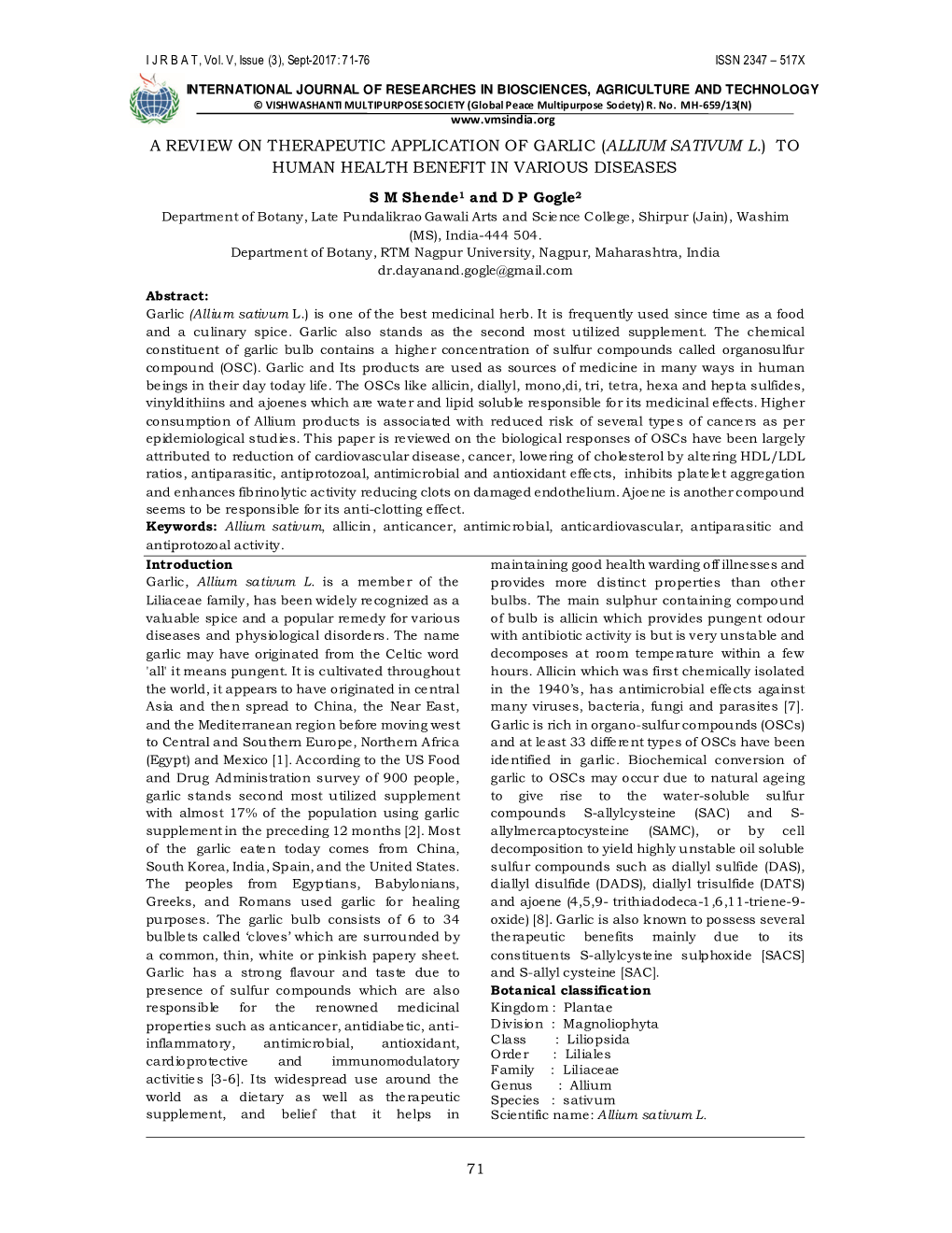 Allium Sativum L. ) to Human Health Benefit in Various Diseases