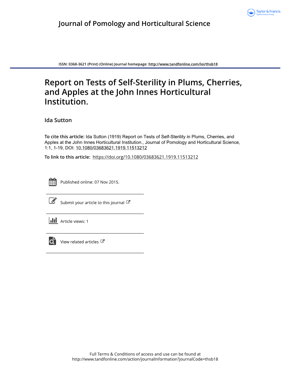 Report on Tests of Self-Sterility in Plums, Cherries, and Apples at the John Innes Horticultural Institution