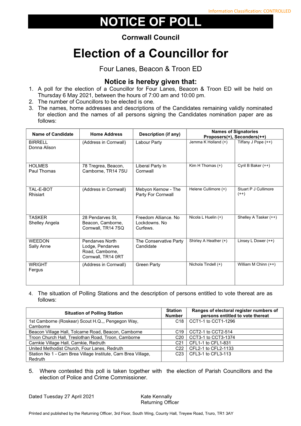 NOTICE of POLL Election of a Councillor