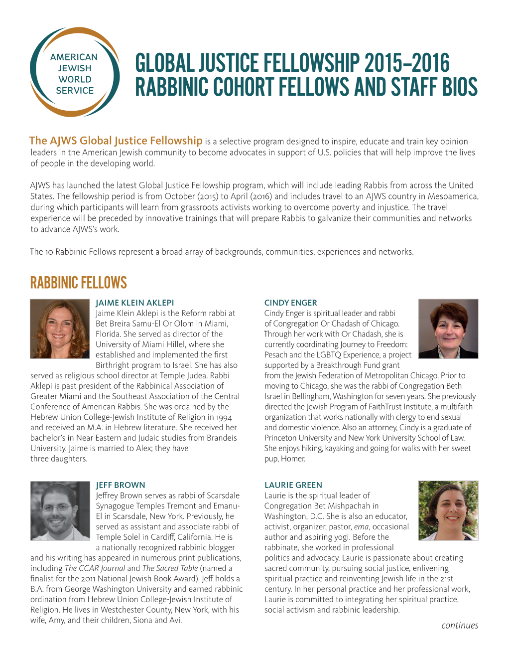 Global Justice Fellowship 2015–2016 Rabbinic Cohort Fellows and Staff Bios