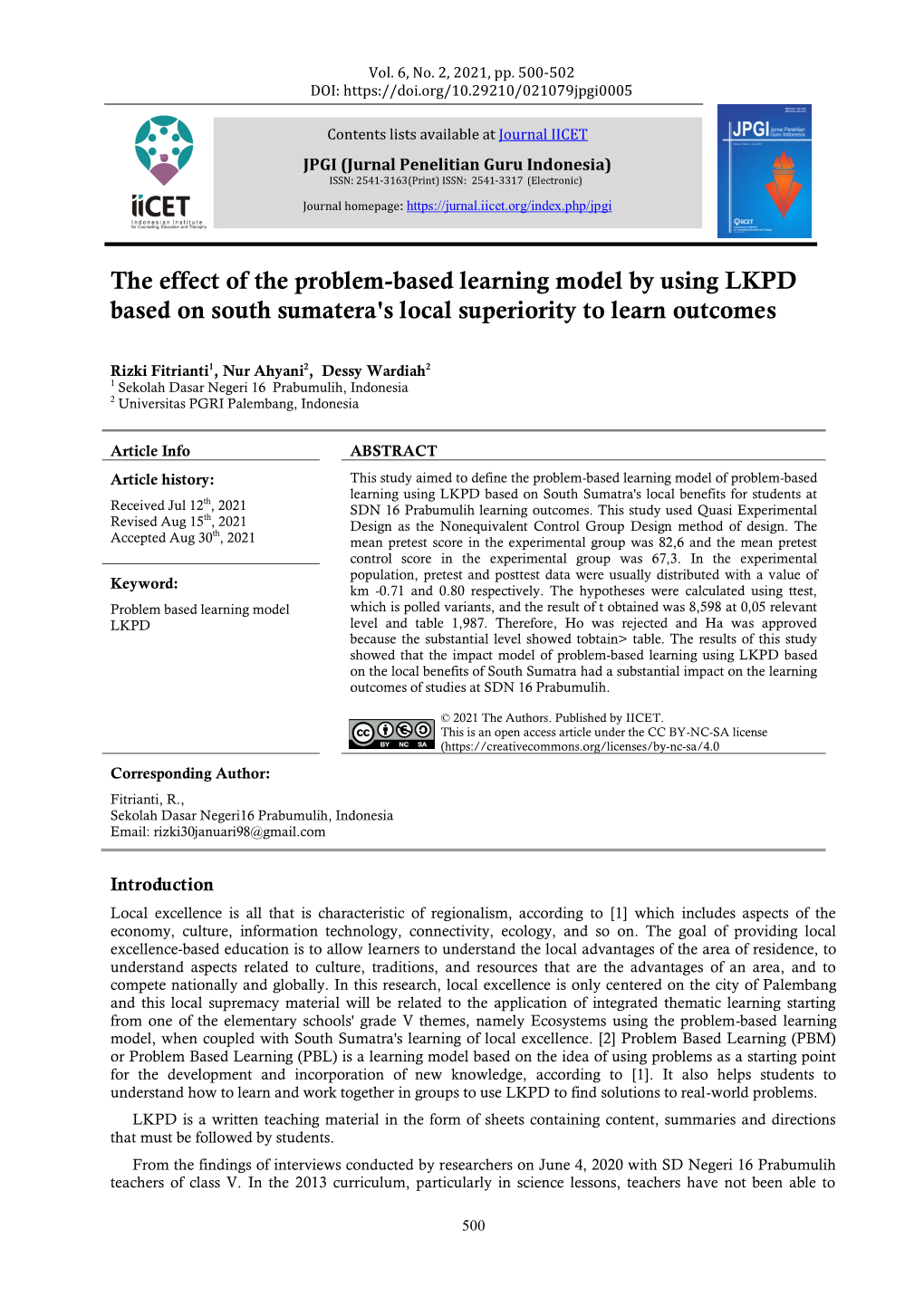 The Effect of the Problem-Based Learning Model by Using LKPD Based on South Sumatera's Local Superiority to Learn Outcomes