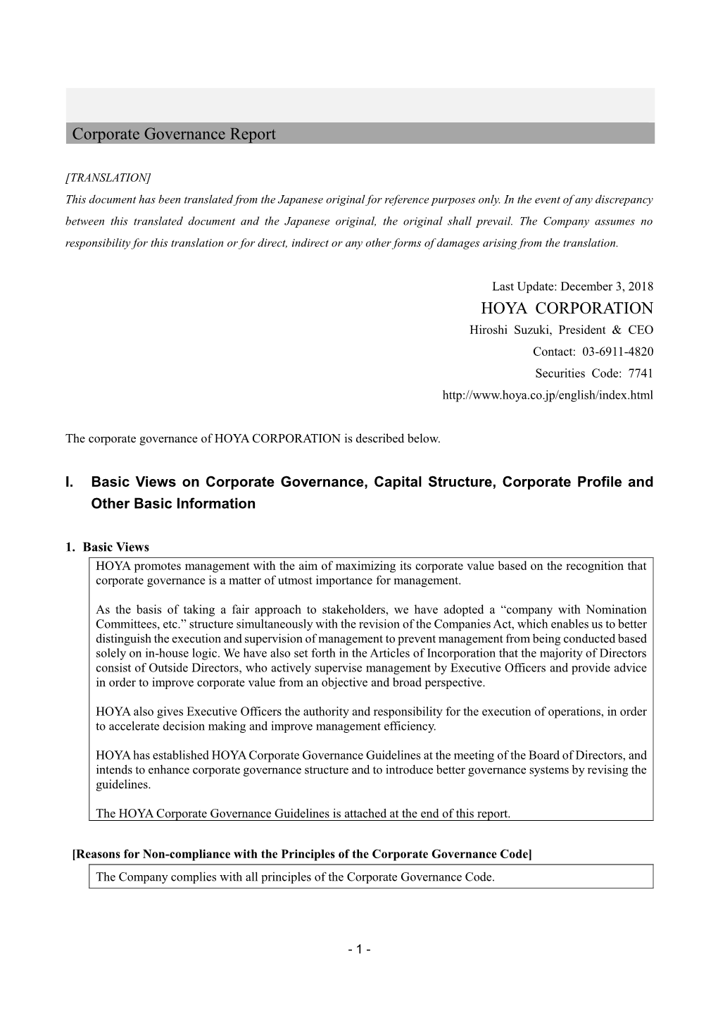 Corporate Governance Report HOYA CORPORATION