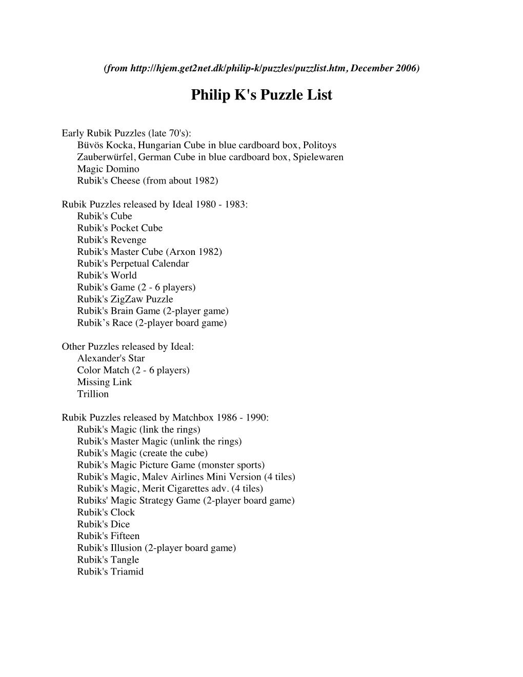 Philip K's Puzzle List