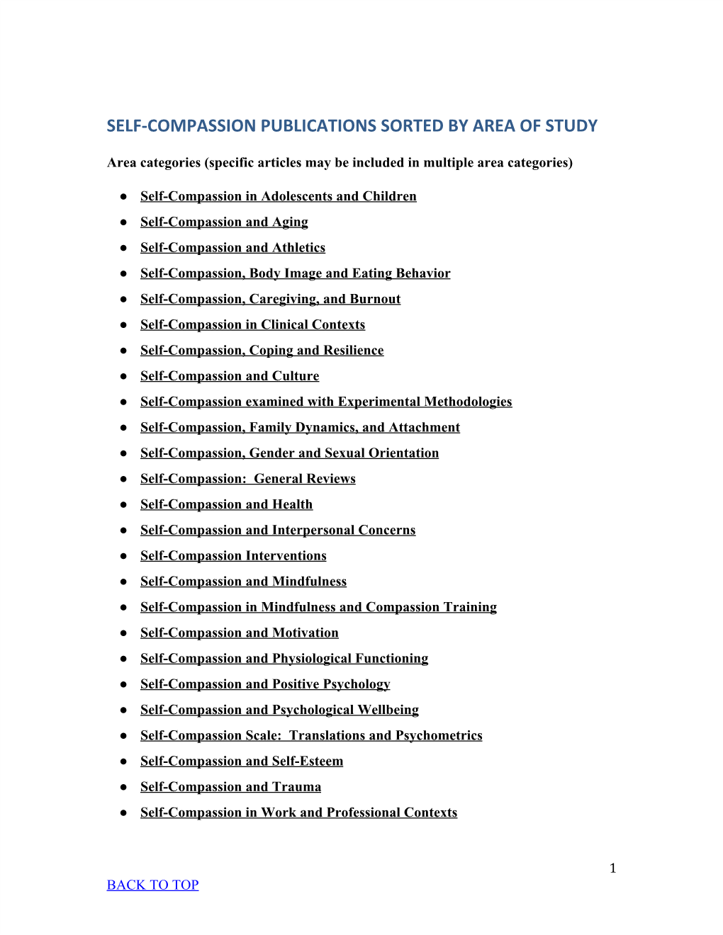 Self-Compassion Publications Sorted by Area of Study
