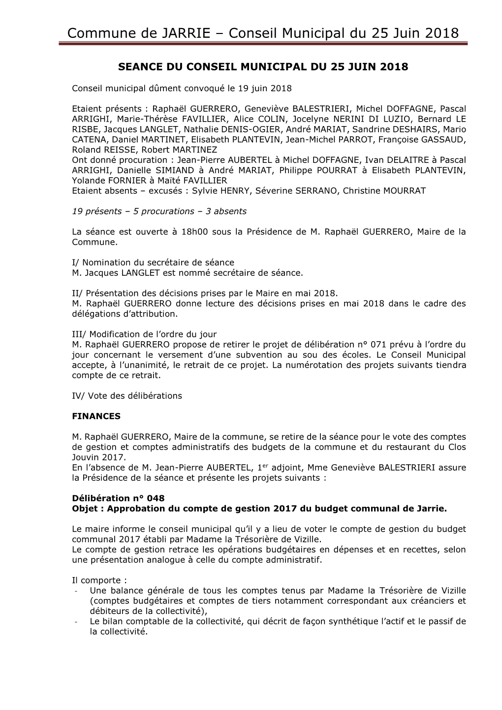 Commune De JARRIE – Conseil Municipal Du 25 Juin 2018