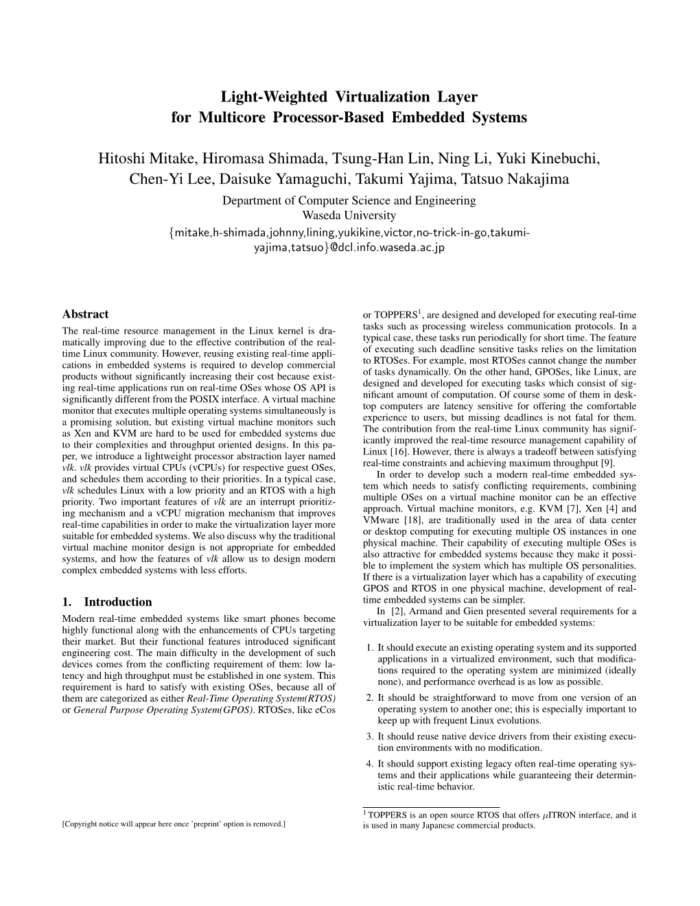 Light-Weighted Virtualization Layer for Multicore Processor-Based Embedded Systems