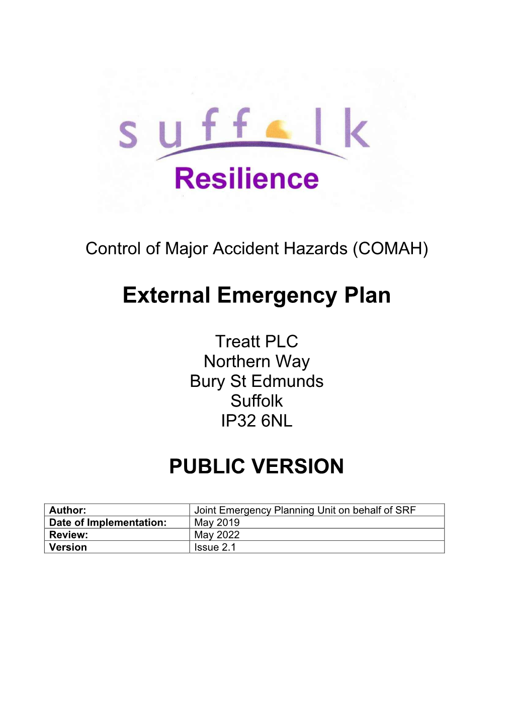 TREATT, Bury St Edmunds, External Emergency Plan