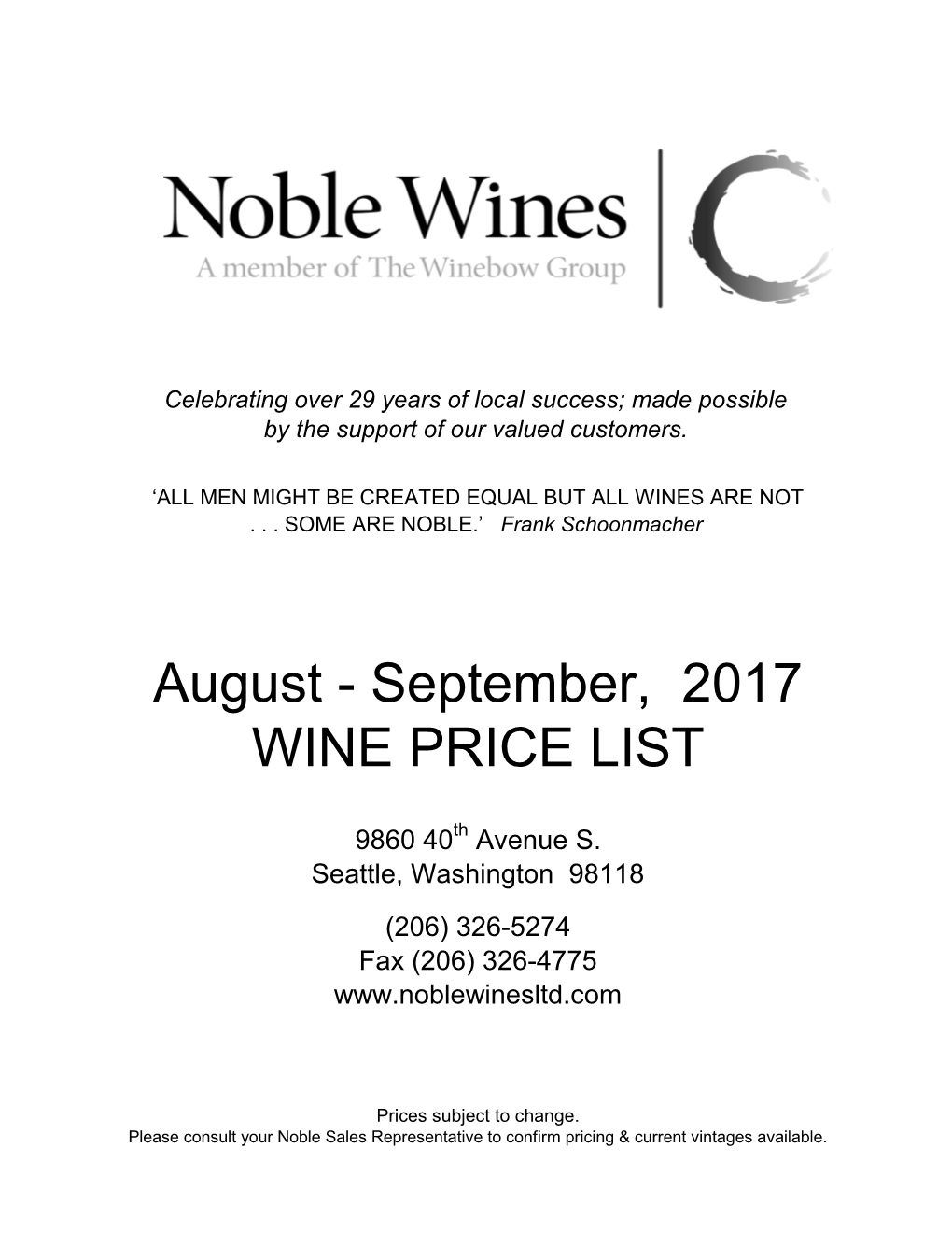 August - September, 2017 WINE PRICE LIST