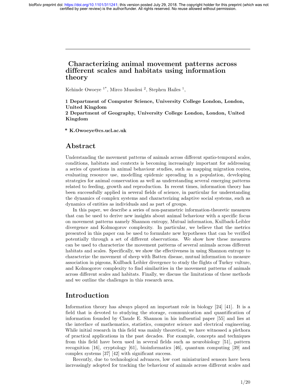 Characterizing Animal Movement Patterns Across Different Scales and Habitats Using Information Theory Abstract Introduction