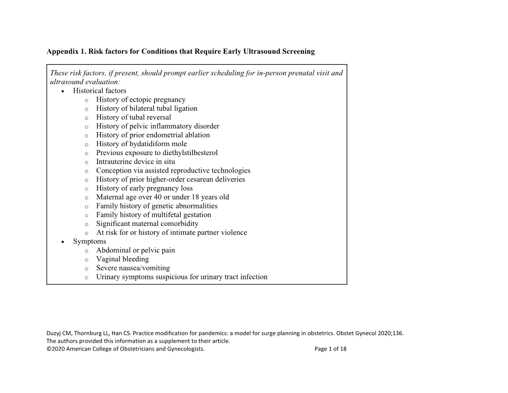 Appendix 1. Risk Factors for Conditions That Require Early Ultrasound Screening These Risk Factors, If Present, Should Prompt Ea