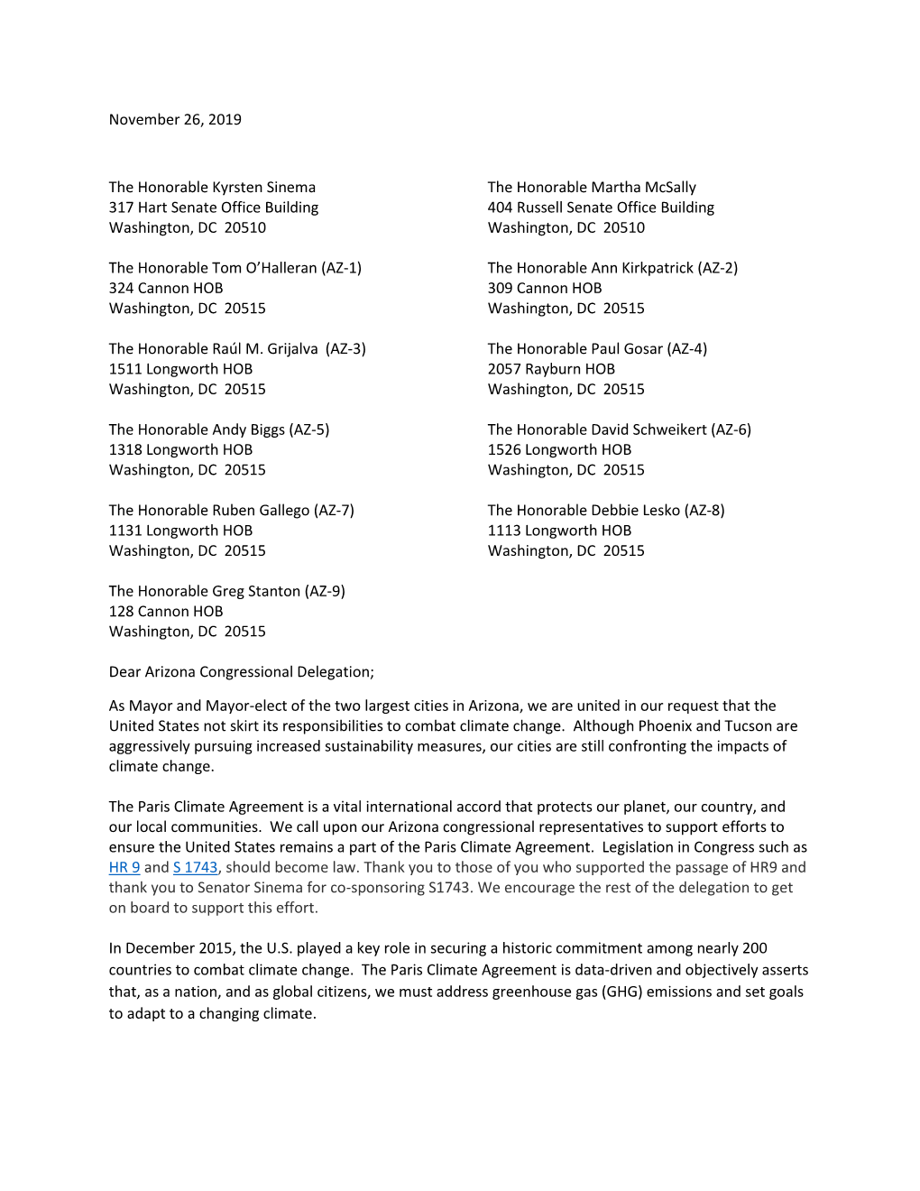 November 26, 2019 the Honorable Kyrsten Sinema the Honorable Martha Mcsally 317 Hart Senate Office Building 404 Russell Senate