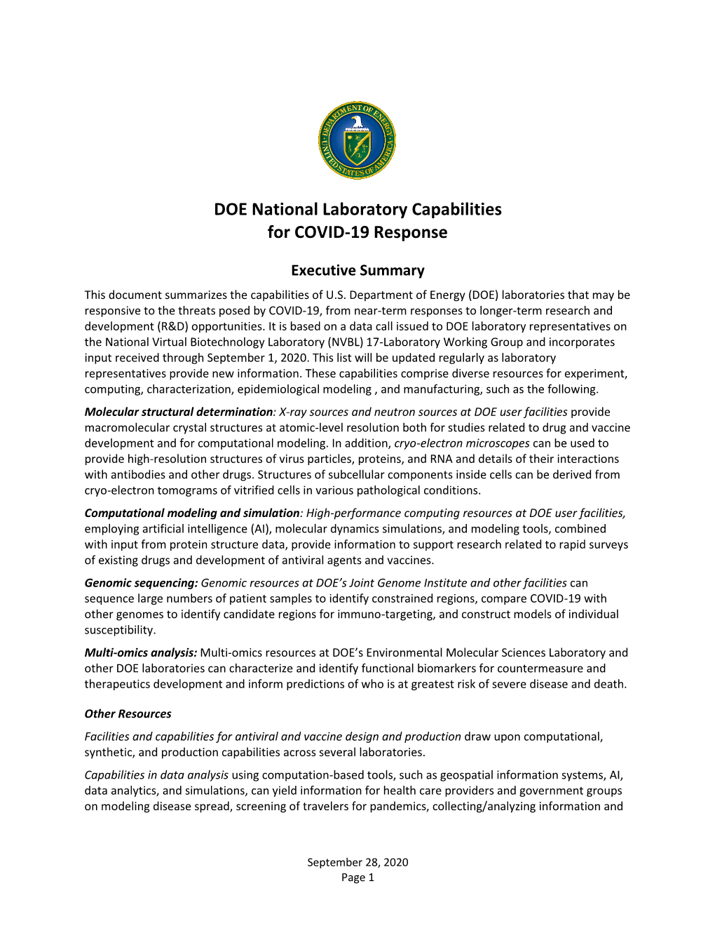 DOE National Laboratory Capabilities for COVID-19 Response