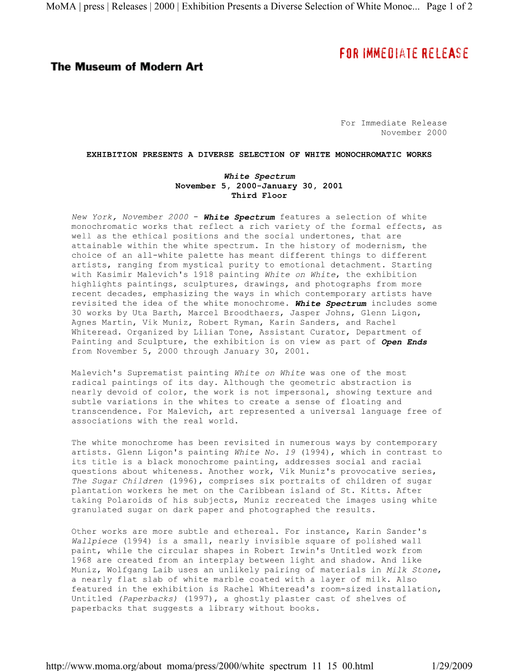 Page 1 of 2 Moma | Press | Releases | 2000 | Exhibition Presents A