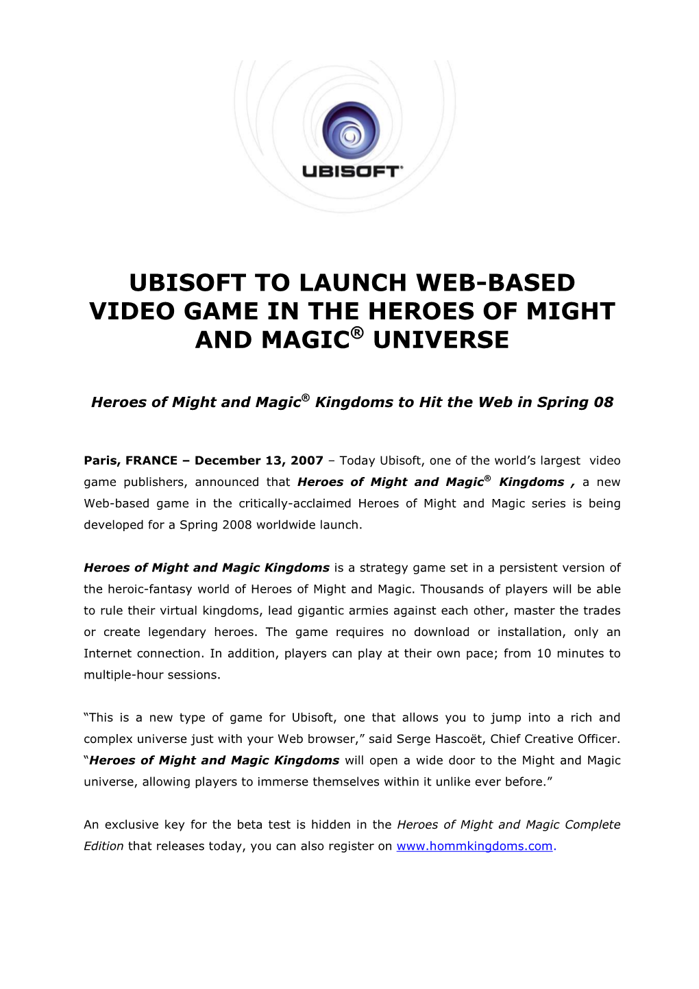 Ubisoft to Launch Web-Based Video Game in the Heroes of Might and Magic ® Universe