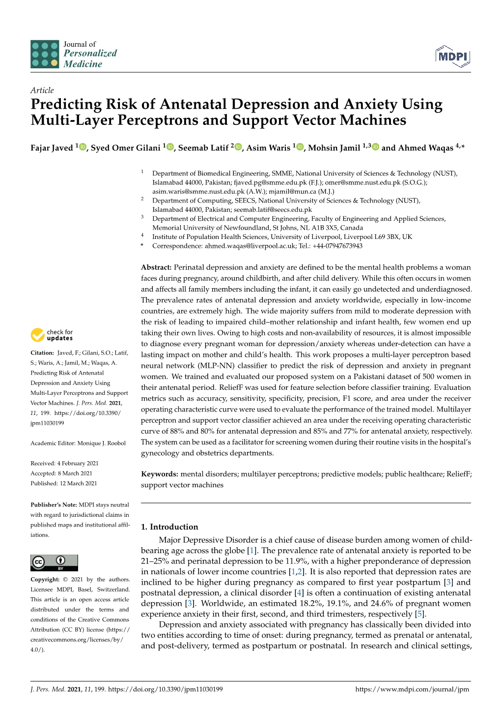 Predicting Risk of Antenatal Depression and Anxiety Using Multi-Layer Perceptrons and Support Vector Machines