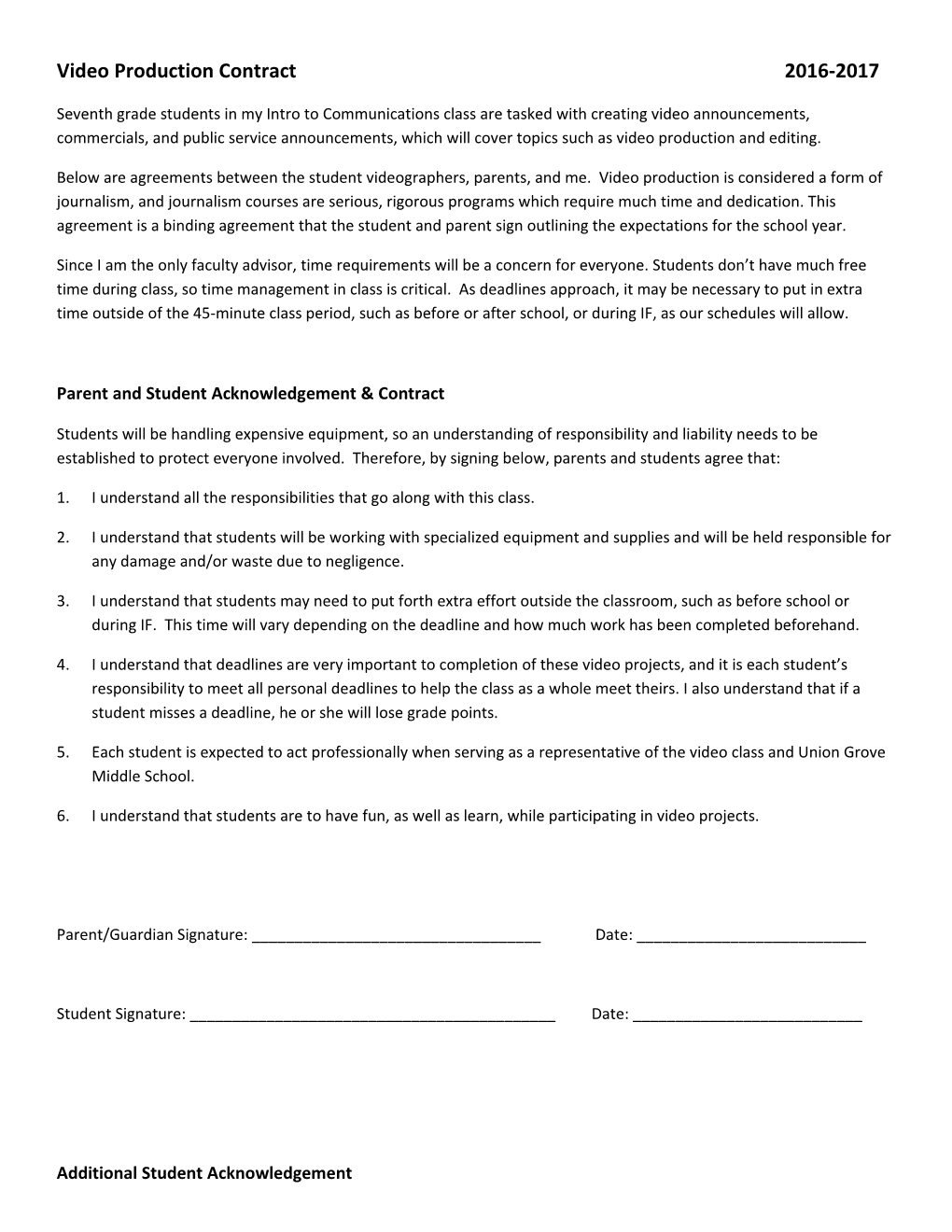 Parent and Student Acknowledgement & Contract