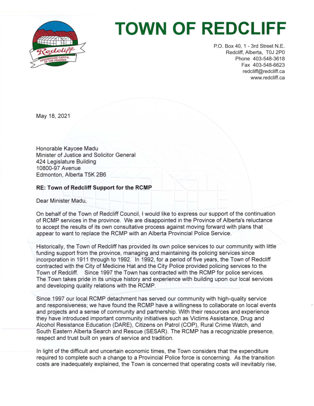 Town of Redcliff RE: Support for the RCMP