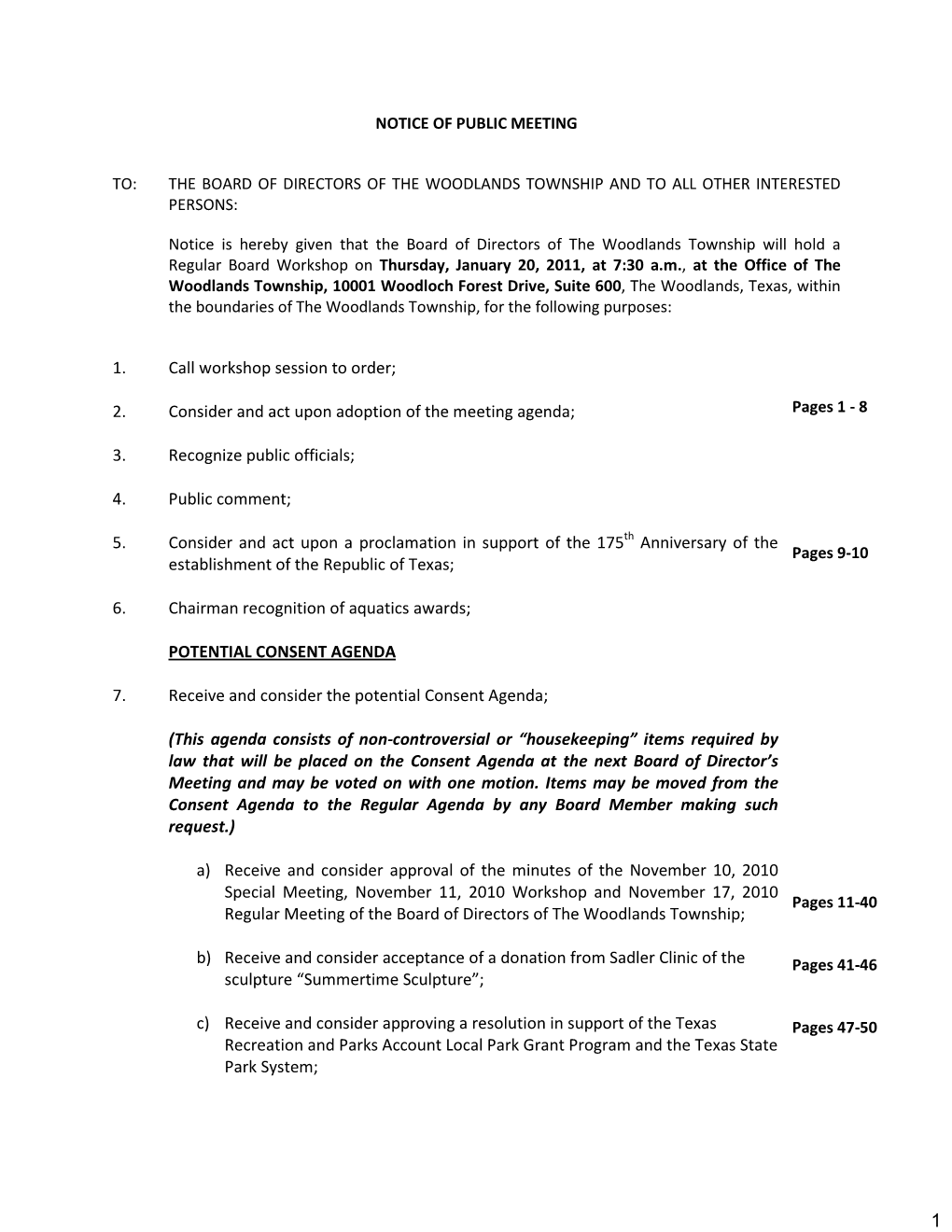 2. Consider and Act Upon Adoption of the Meeting Agenda; Pages 1 - 8