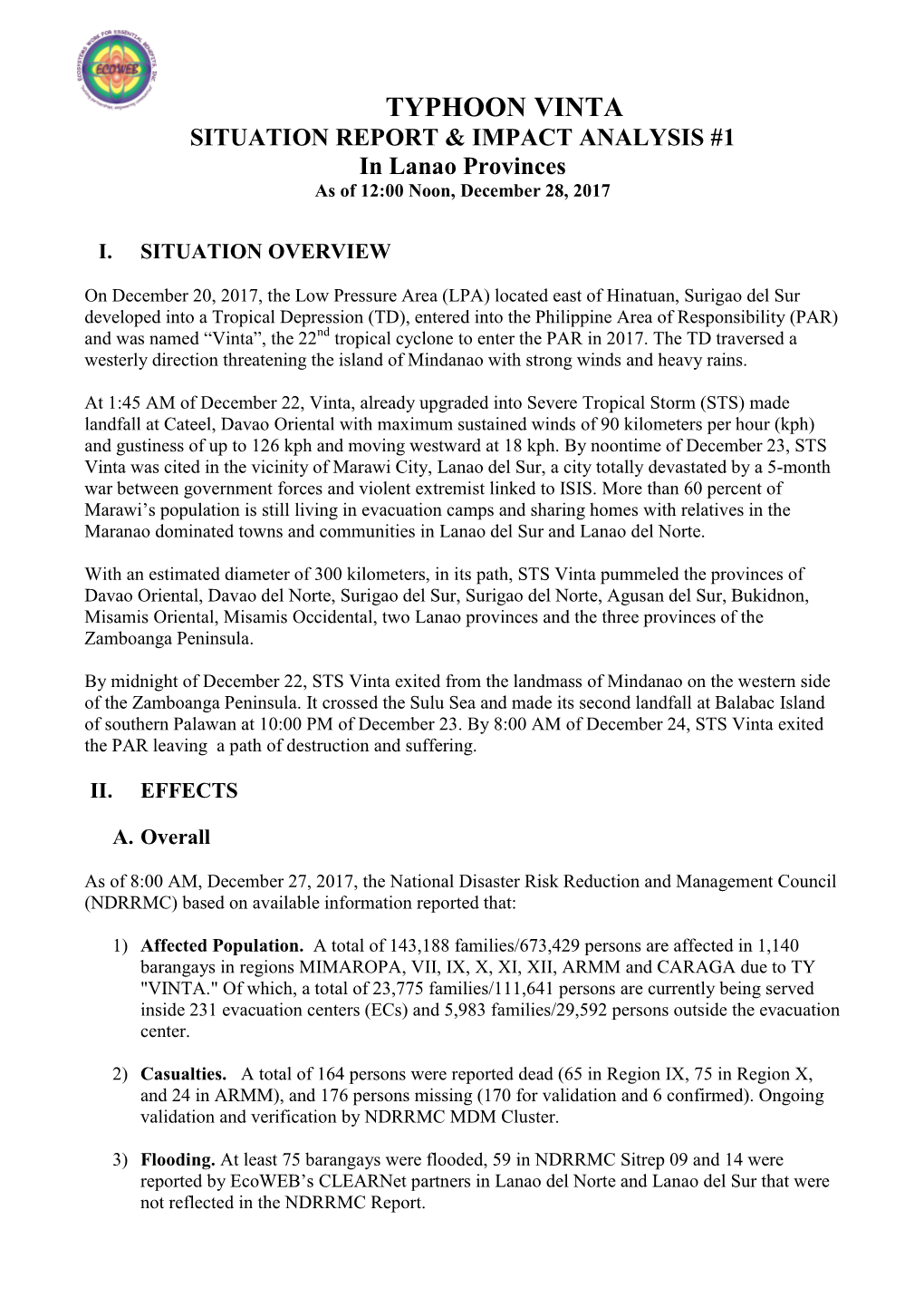 TYPHOON VINTA SITUATION REPORT & IMPACT ANALYSIS #1 in Lanao Provinces As of 12:00 Noon, December 28, 2017