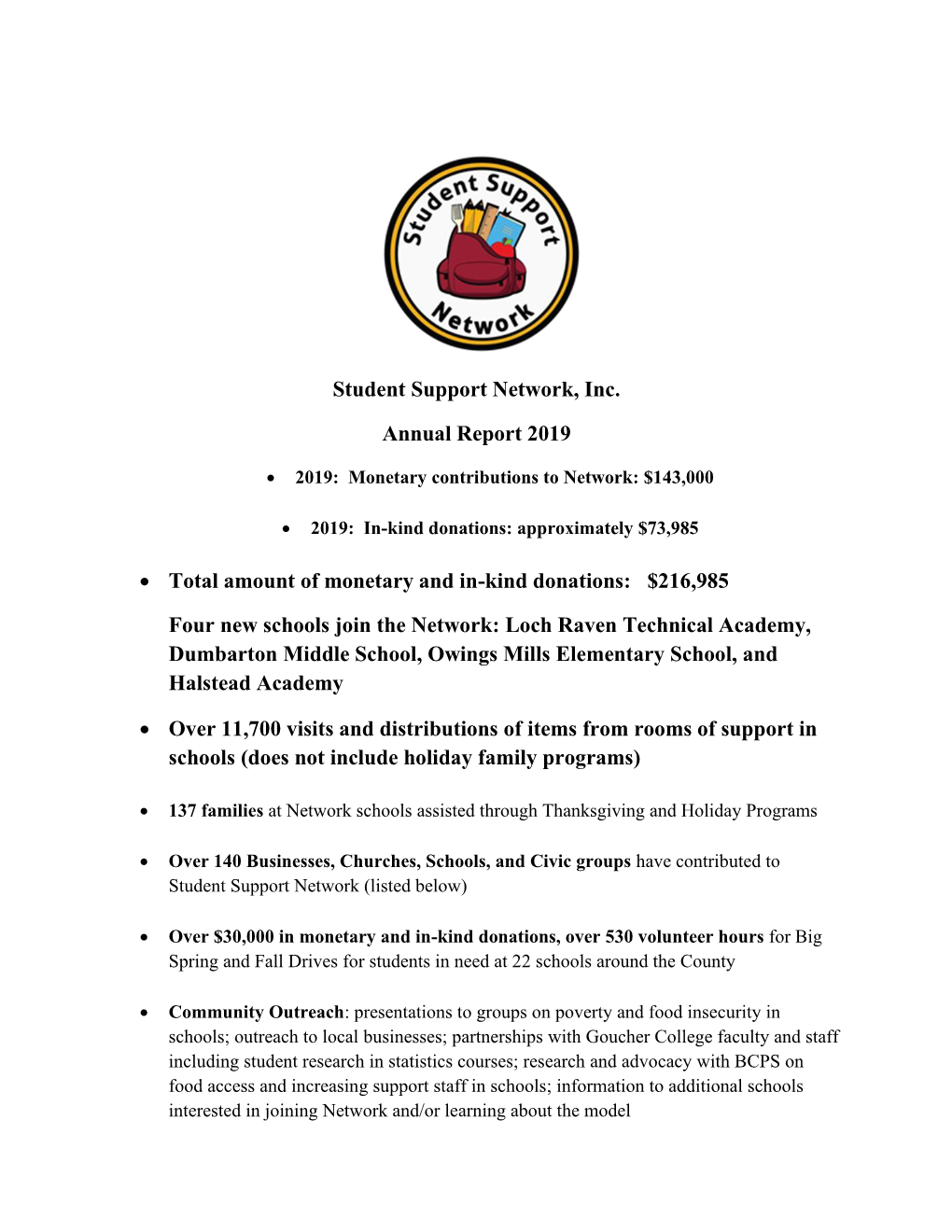 Student Support Network, Inc. Annual Report 2019 • Total Amount Of