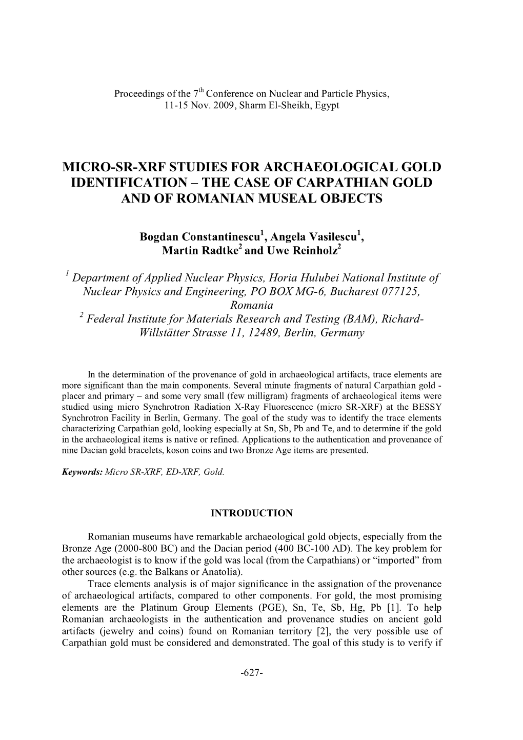 Micro-Sr-Xrf Studies for Archaeological Gold Identification – the Case of Carpathian Gold and of Romanian Museal Objects