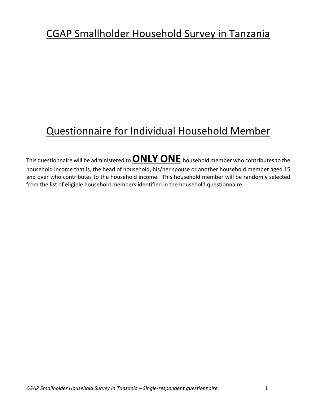 CGAP Smallholder Household Survey in Tanzania Questionnaire For