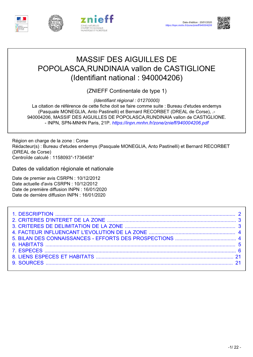 MASSIF DES AIGUILLES DE POPOLASCA,RUNDINAIA Vallon De CASTIGLIONE (Identifiant National : 940004206)