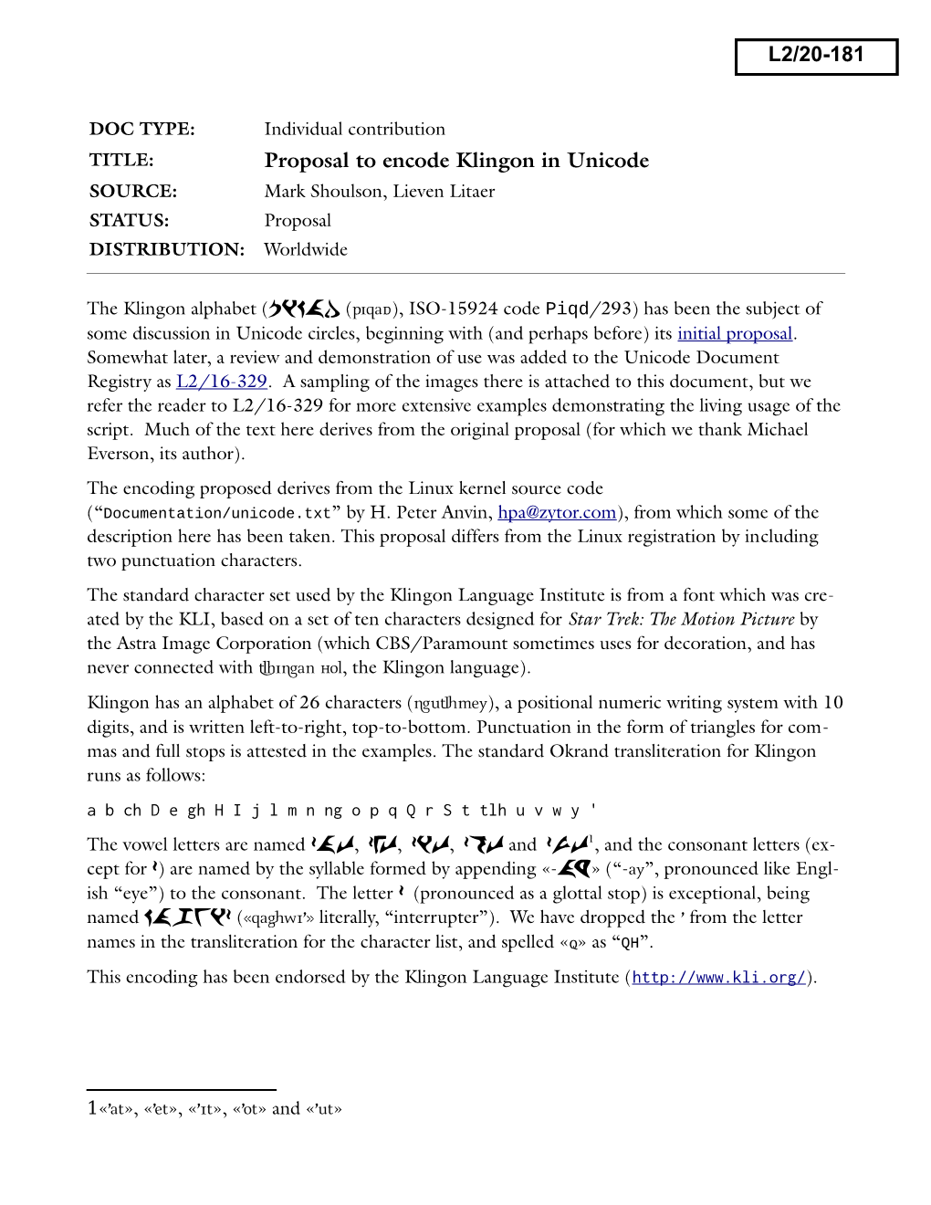 Proposal to Encode Klingon in Unicode L2/20-181