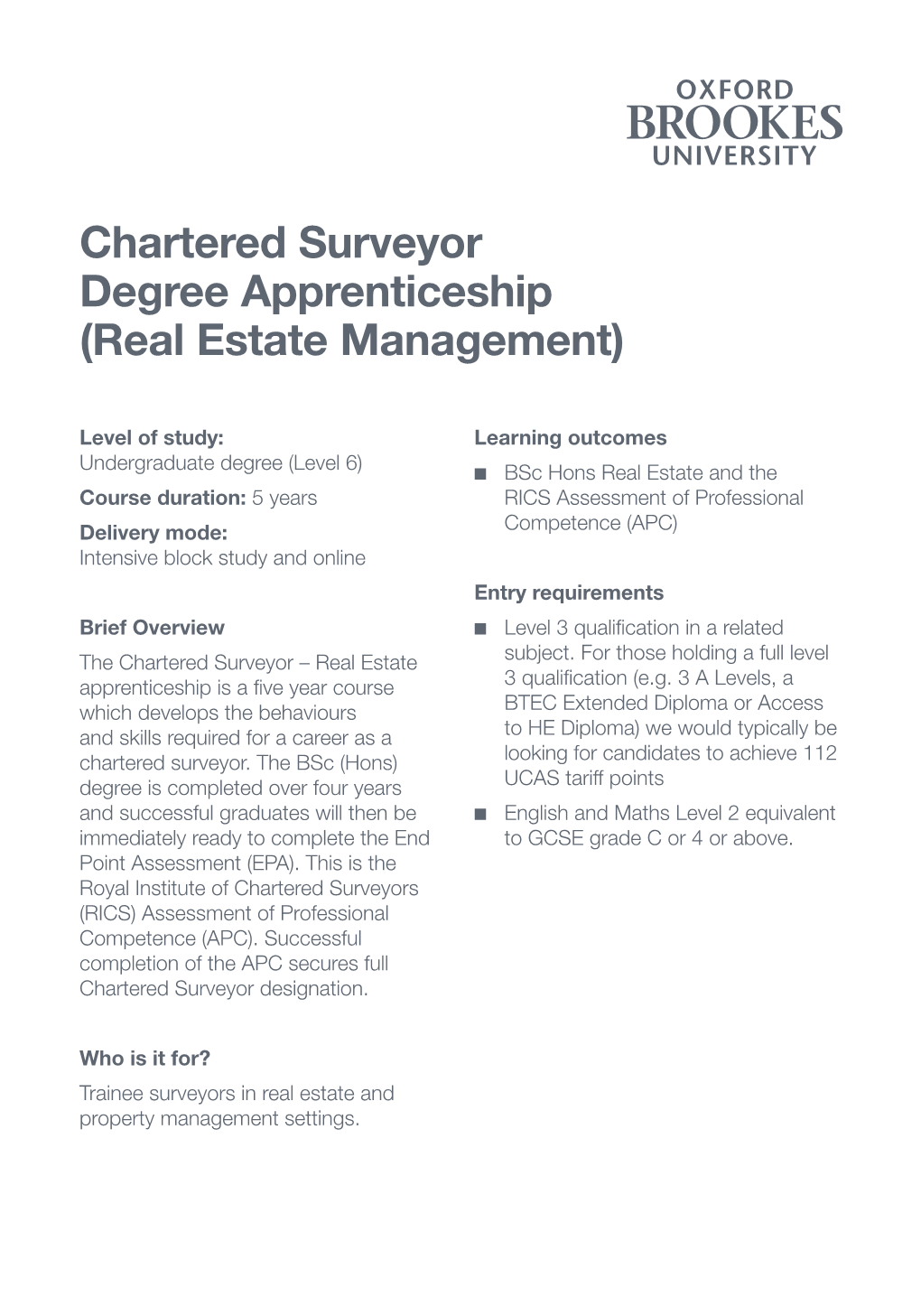 Chartered Surveyor Degree Apprenticeship (Real Estate Management)