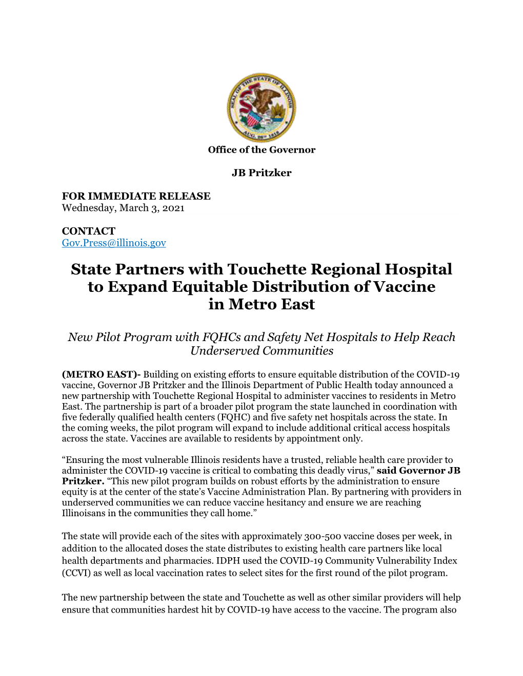State Partners with Touchette Regional Hospital to Expand Equitable Distribution of Vaccine in Metro East