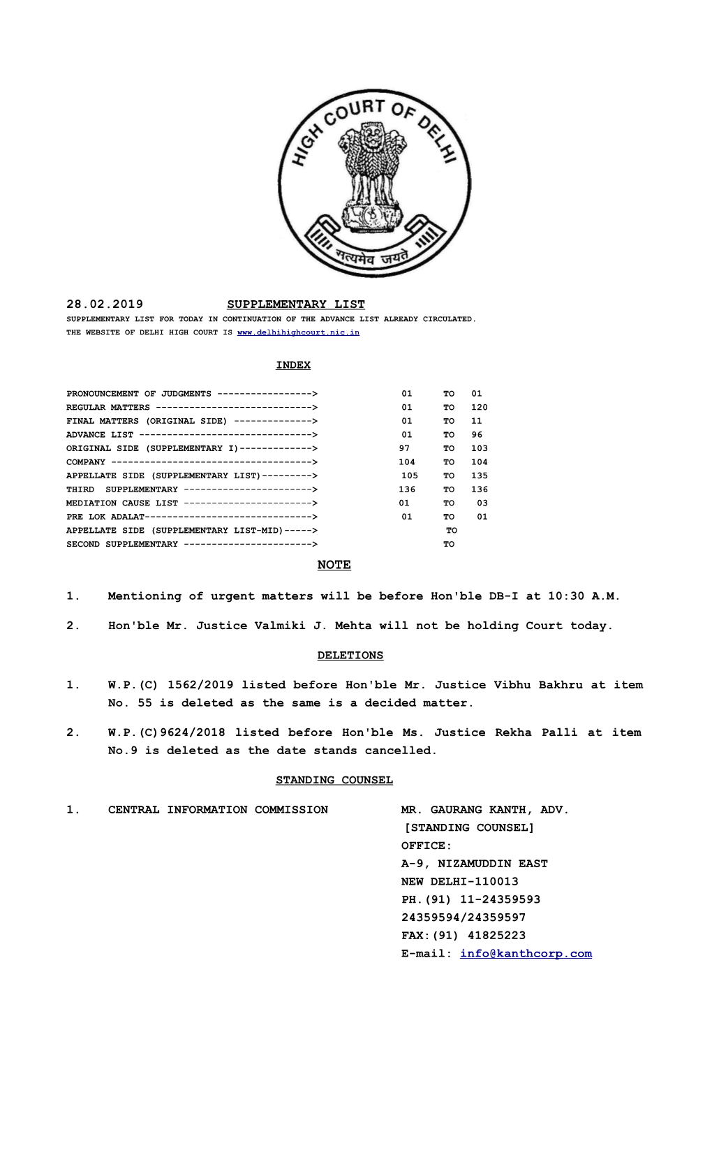 28.02.2019 Supplementary List Supplementary List for Today in Continuation of the Advance List Already Circulated