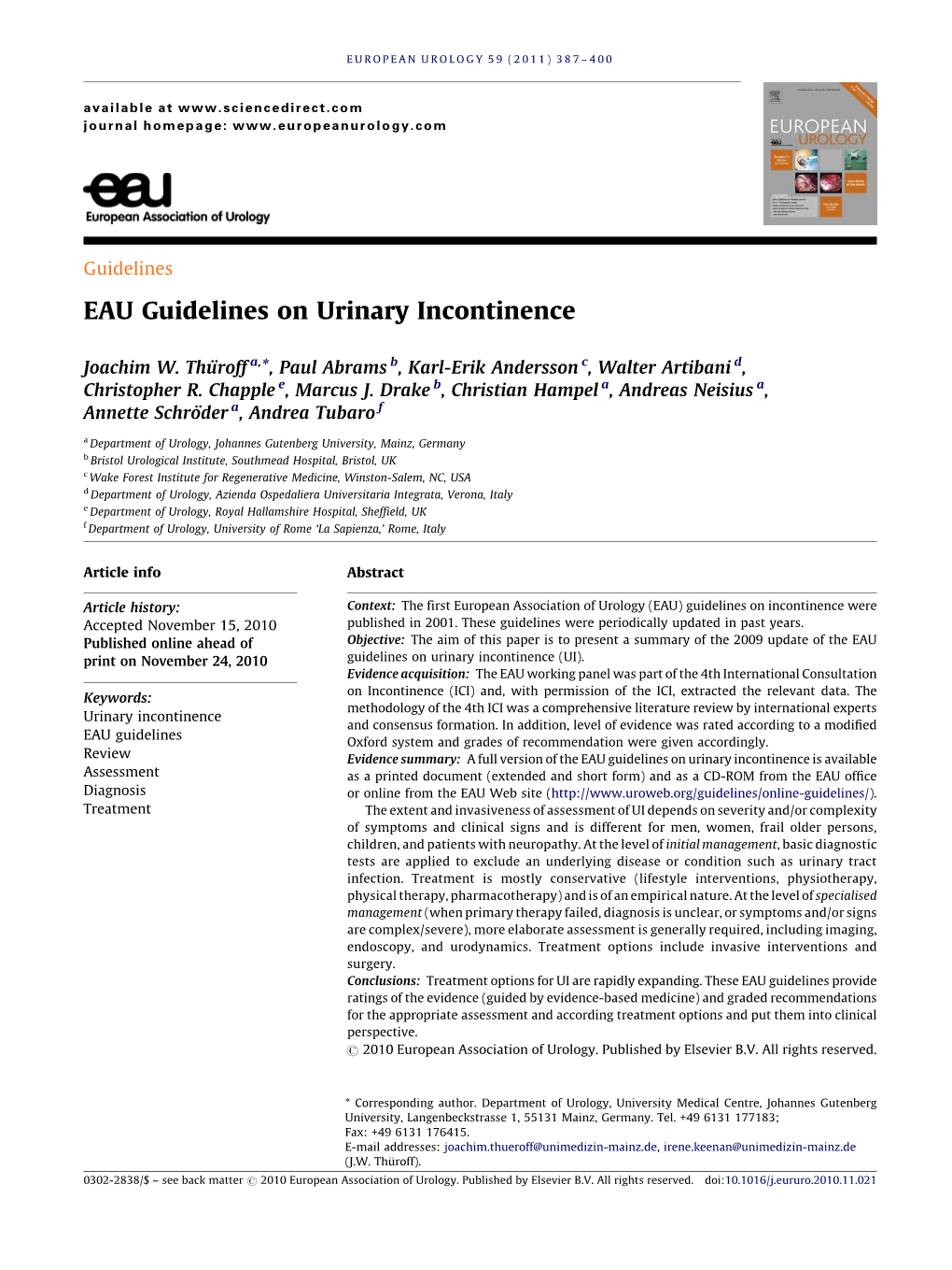 EAU Guidelines on Urinary Incontinence