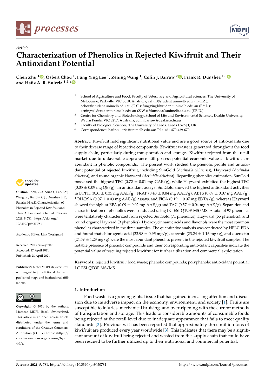 Characterization of Phenolics in Rejected Kiwifruit and Their Antioxidant Potential