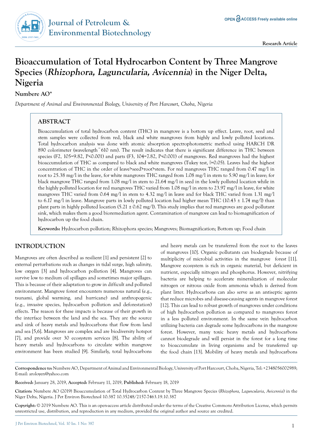 Bioaccumulation of Total Hydrocarbon Content by Three Mangrove Species (Rhizophora, Laguncularia, Avicennia) in the Niger Delta