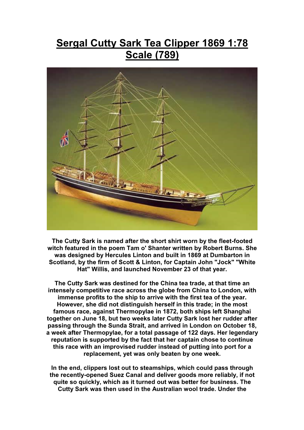 Sergal Cutty Sark Tea Clipper 1869 1:78 Scale (789)