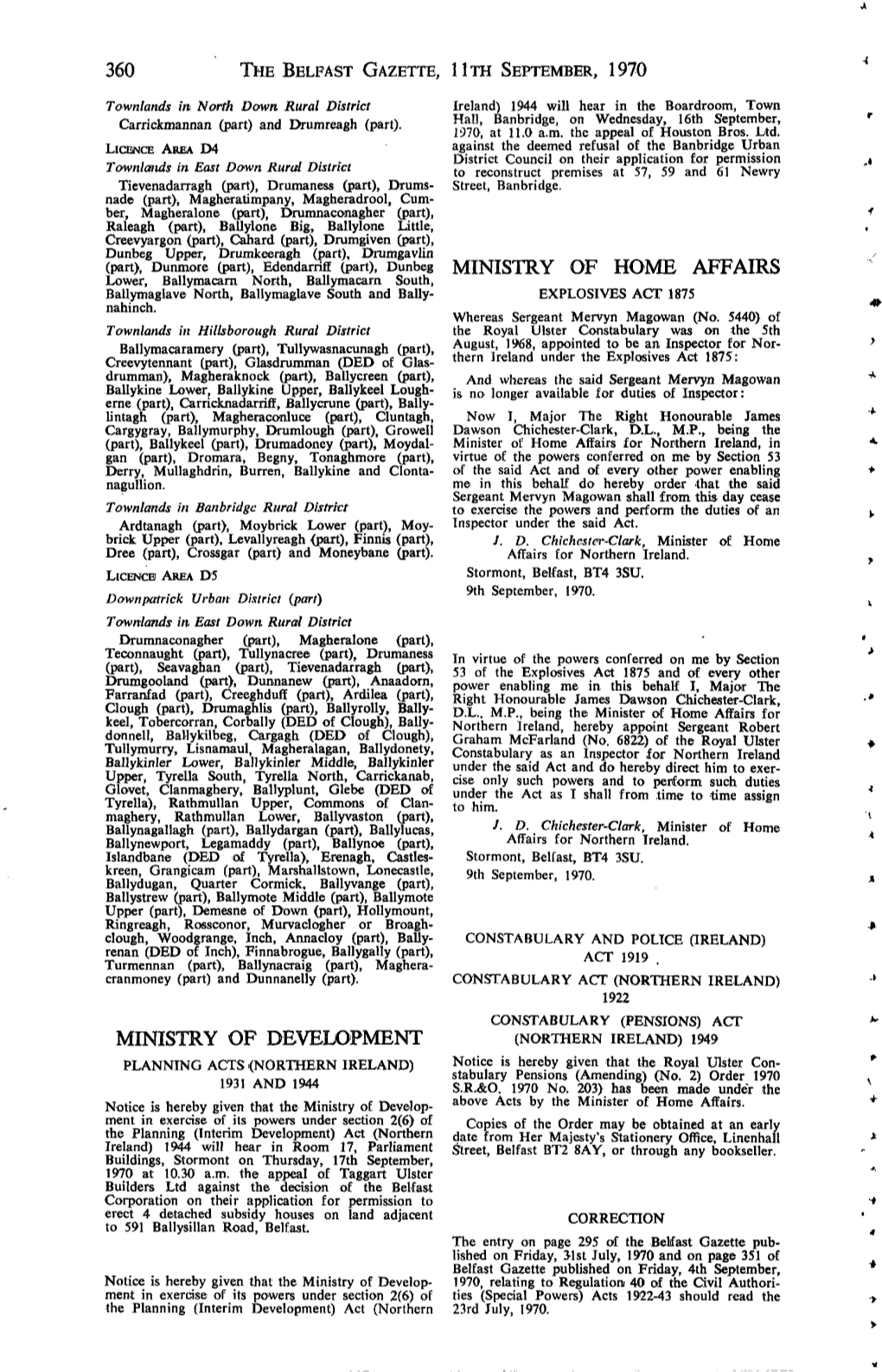The Belfast Gazette, Hth September, 1970 Ministry of Development Ministry of Home Affairs