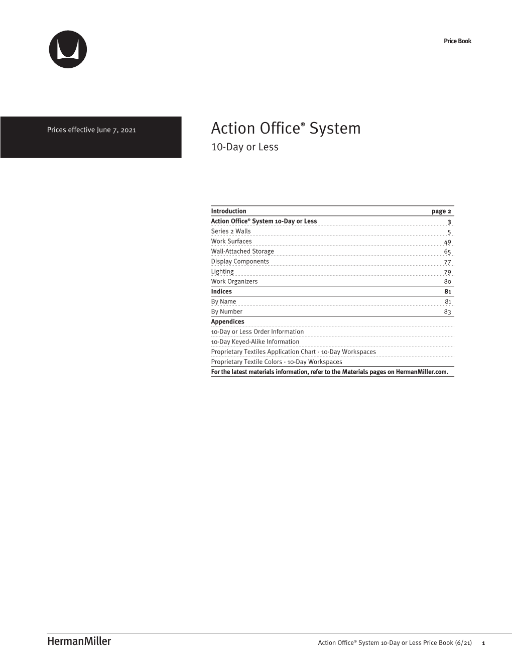 Price Book: Action Office System 10-Day Or Less