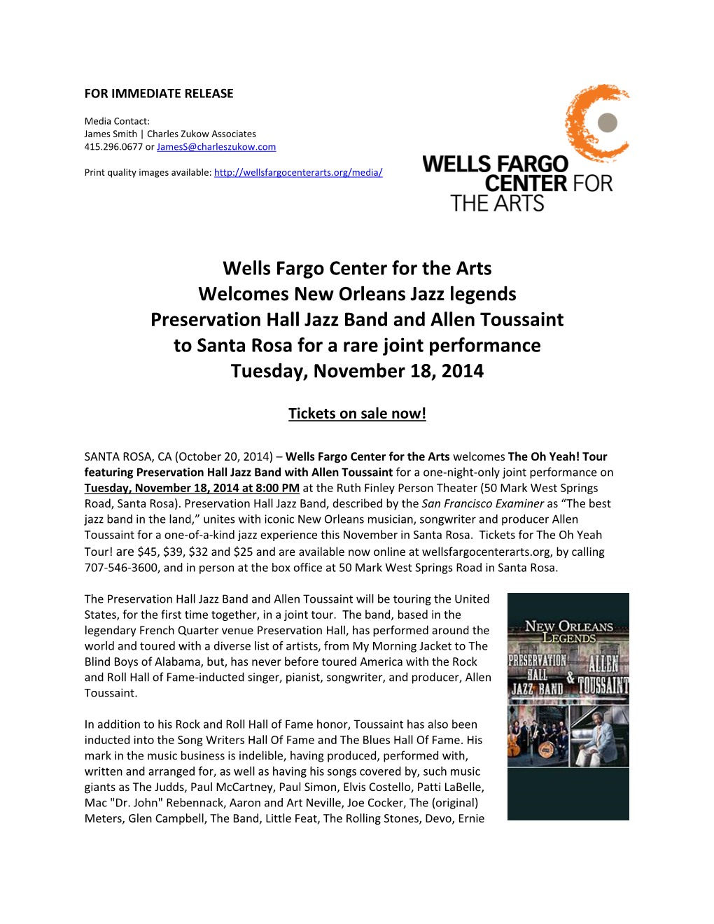 Wells Fargo Center for the Arts Welcomes New Orleans Jazz
