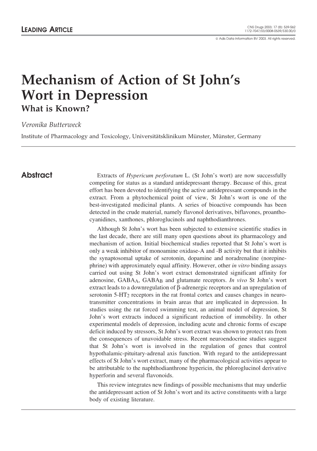 Mechanism of Action of St John's Wort in Depression