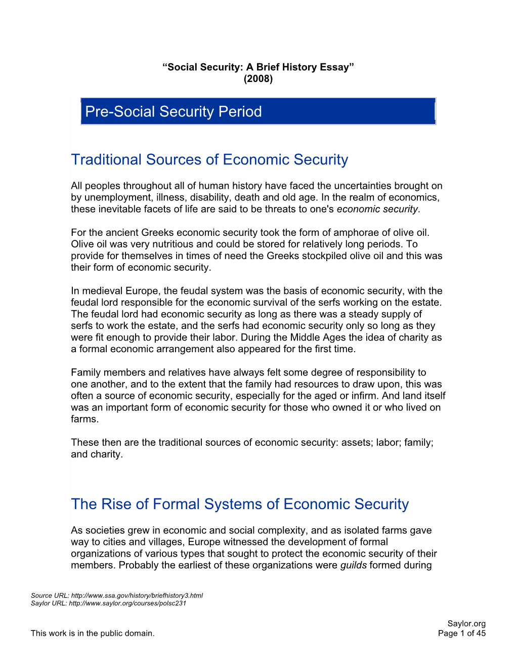 Pre-Social Security Period Traditional Sources of Economic Security