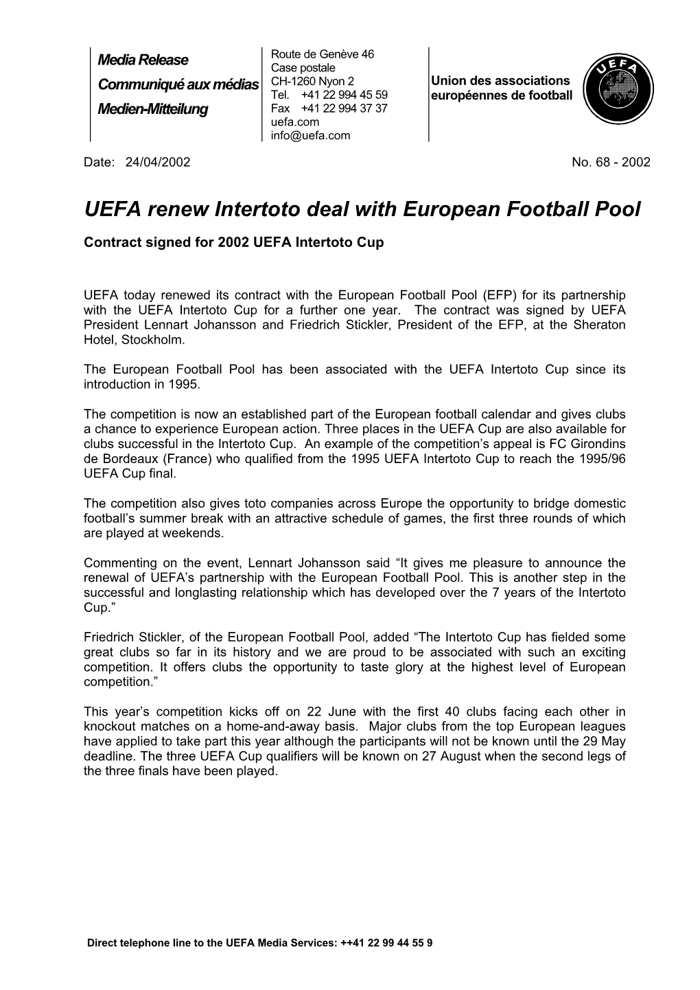 UEFA Renew Intertoto Deal with European Football Pool