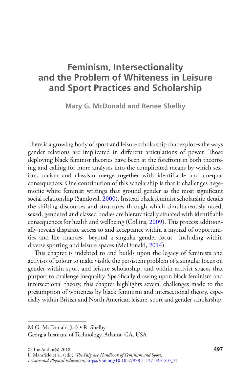 Feminism, Intersectionality and the Problem of Whiteness in Leisure and Sport Practices and Scholarship