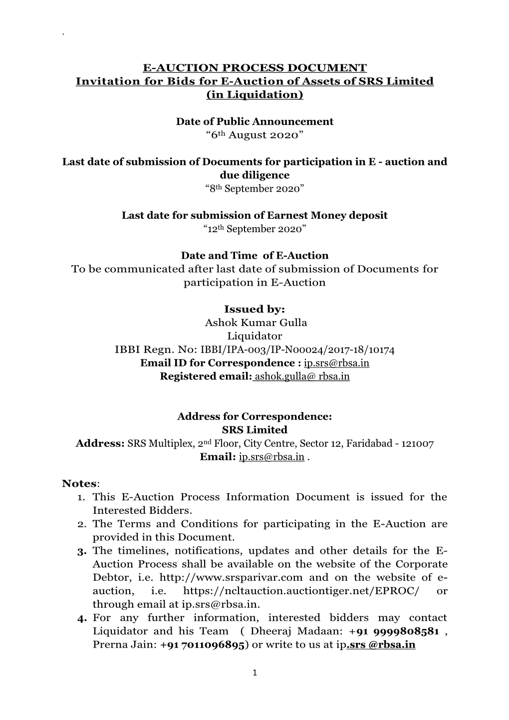 E-AUCTION PROCESS DOCUMENT Invitation for Bids for E-Auction of Assets of SRS Limited (In Liquidation)