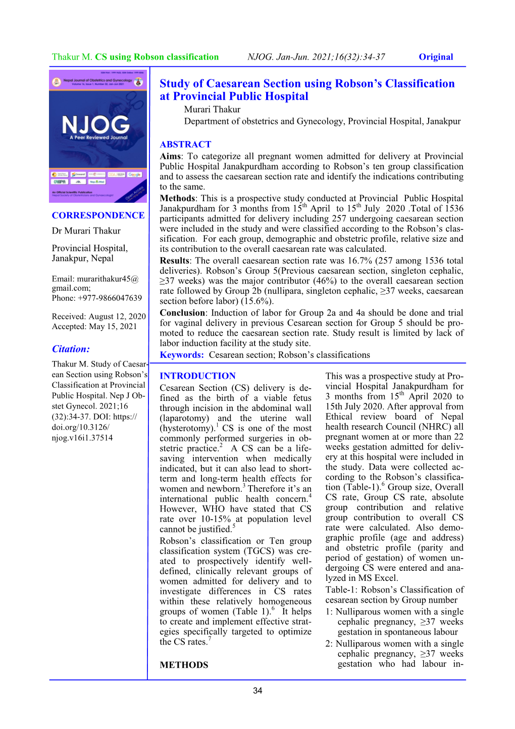 Study of Caesarean Section Using Robson's Classification at Provincial Public Hospital