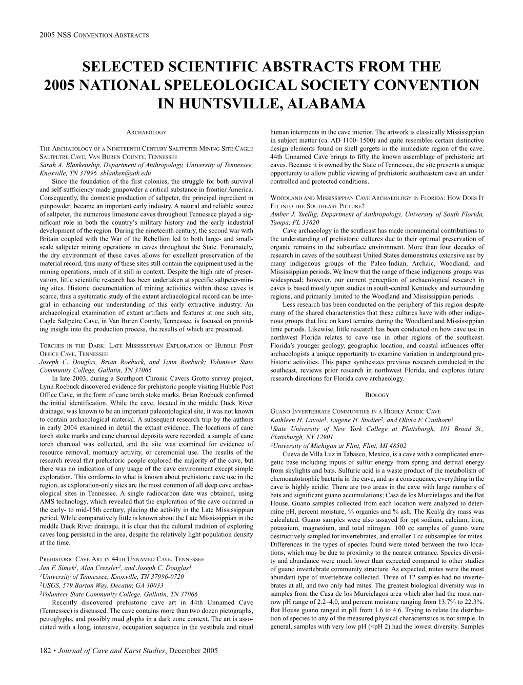 Selected Abstracts 2005 NSS Convention in Huntsville, Alabama