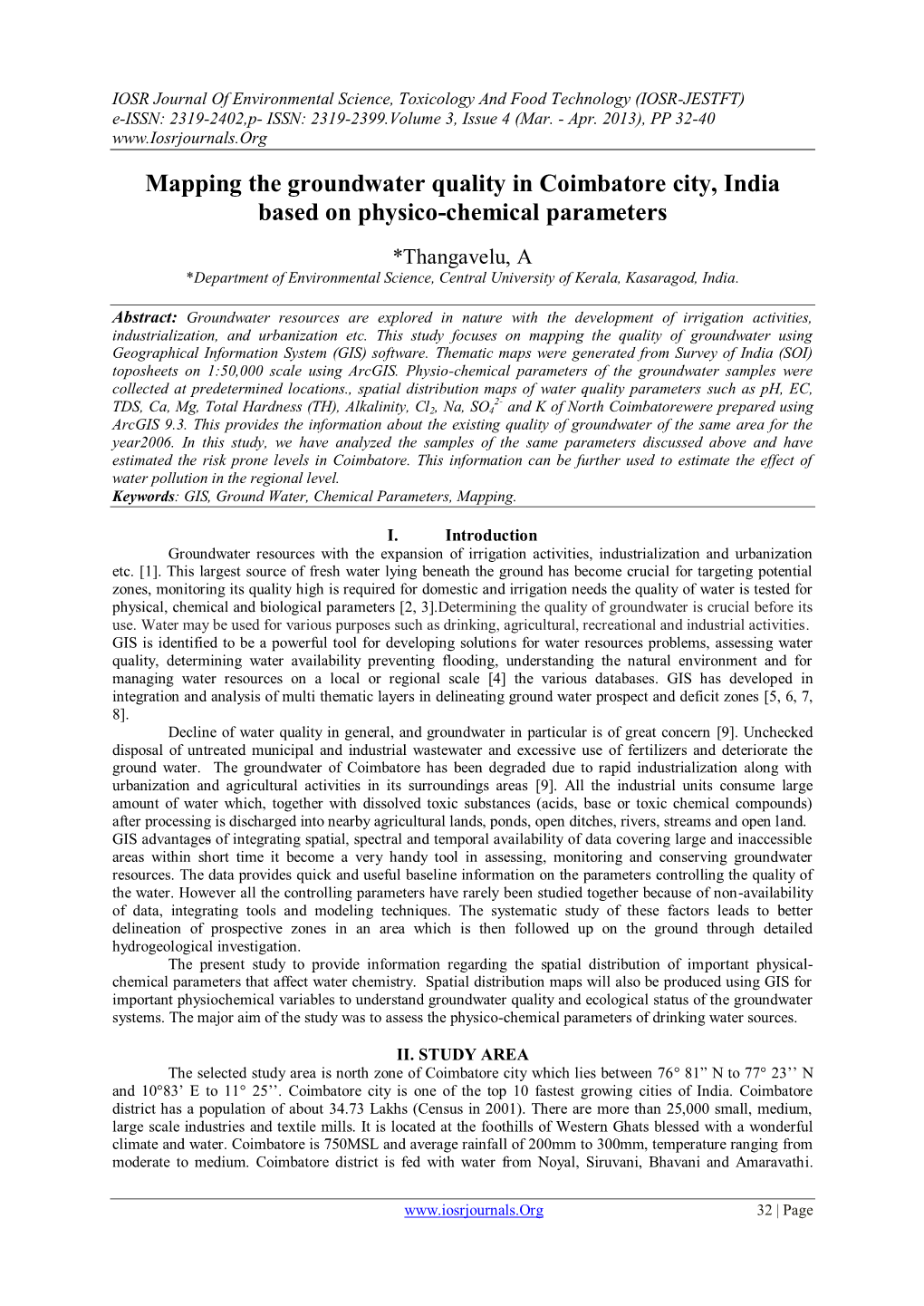 Mapping the Groundwater Quality in Coimbatore City, India Based on Physico-Chemical Parameters