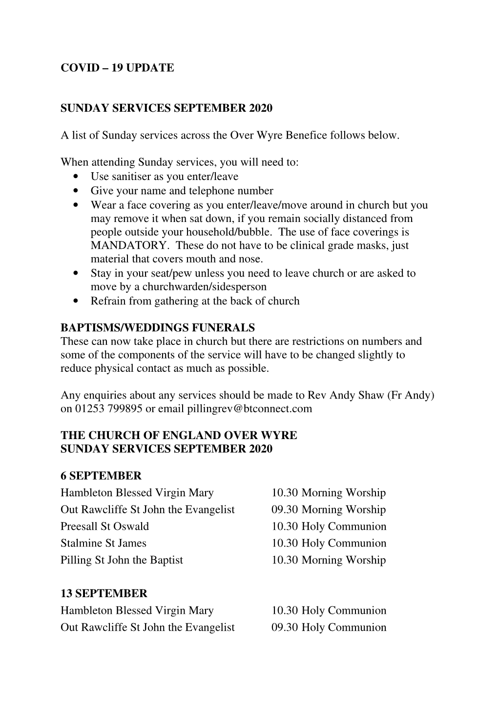 19 UPDATE SUNDAY SERVICES SEPTEMBER 2020 a List of Sunday