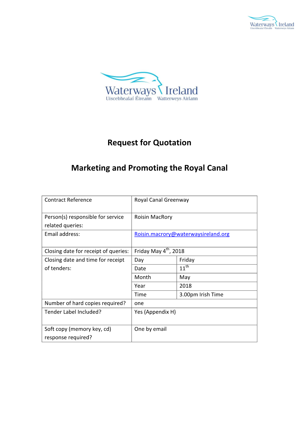 Request for Quotation Marketing and Promoting the Royal Canal